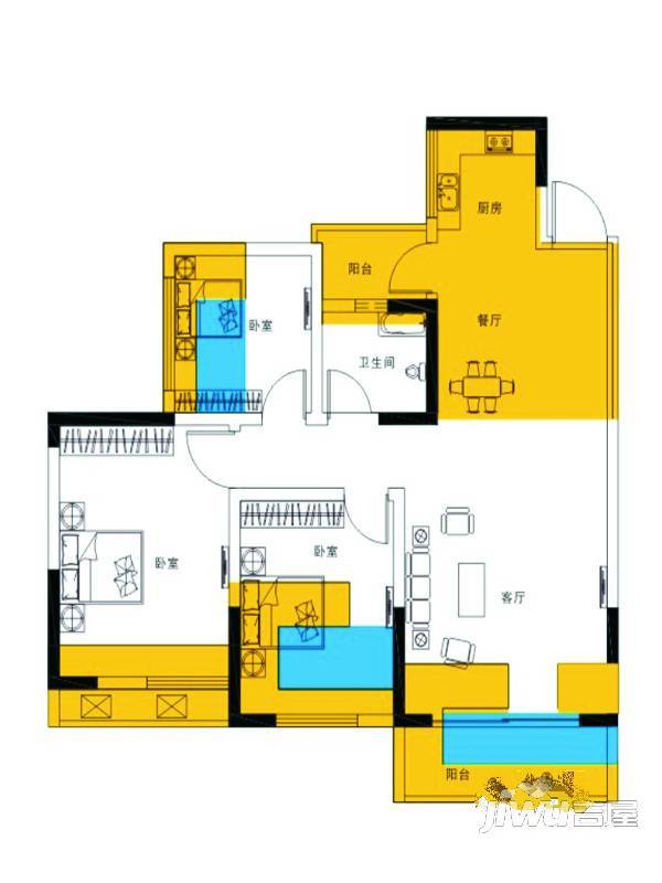 眉山金府玉龙半岛户型图_首付金额_3室2厅2卫_65.41平米 吉屋网