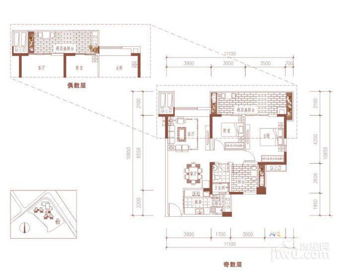 成都华侨城纯水岸二期b户型2室2厅1卫1厨