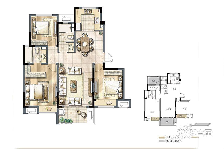 苏州建发独墅湾高层f1户型115㎡户型图_首付金额_3室2