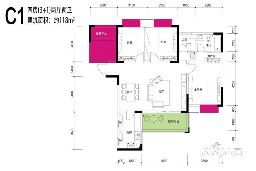 长沙2星澜之悦c1户型户型图_首付金额_4室2厅2卫_118.