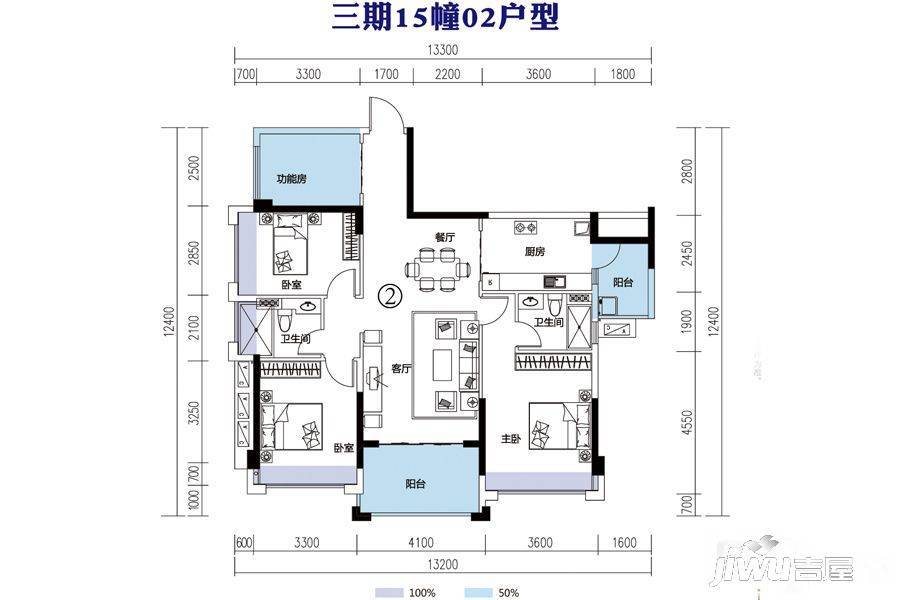 南国豪苑三期15幢02户型3 1)房2厅2卫