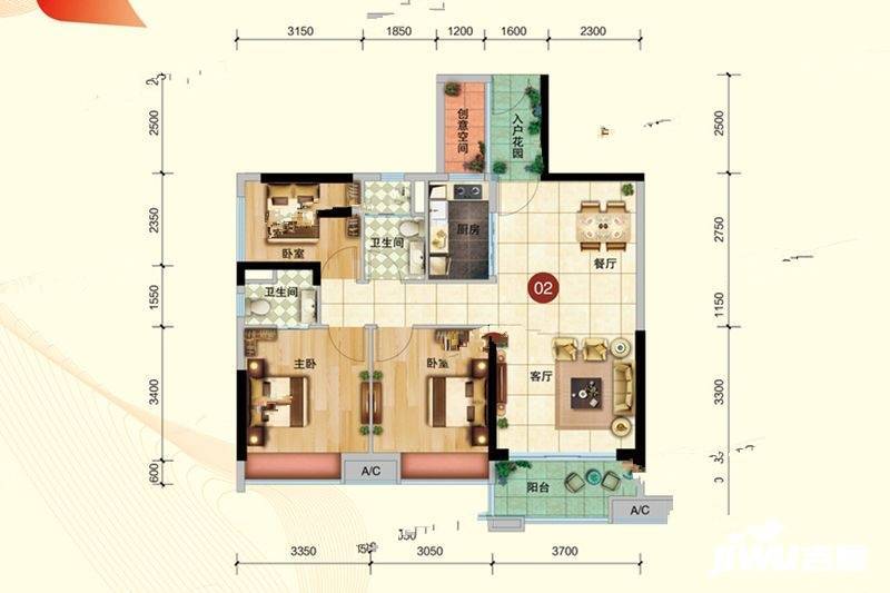 恒福美地花园6幢b梯02户型图|恒福美地花园3房2厅2卫