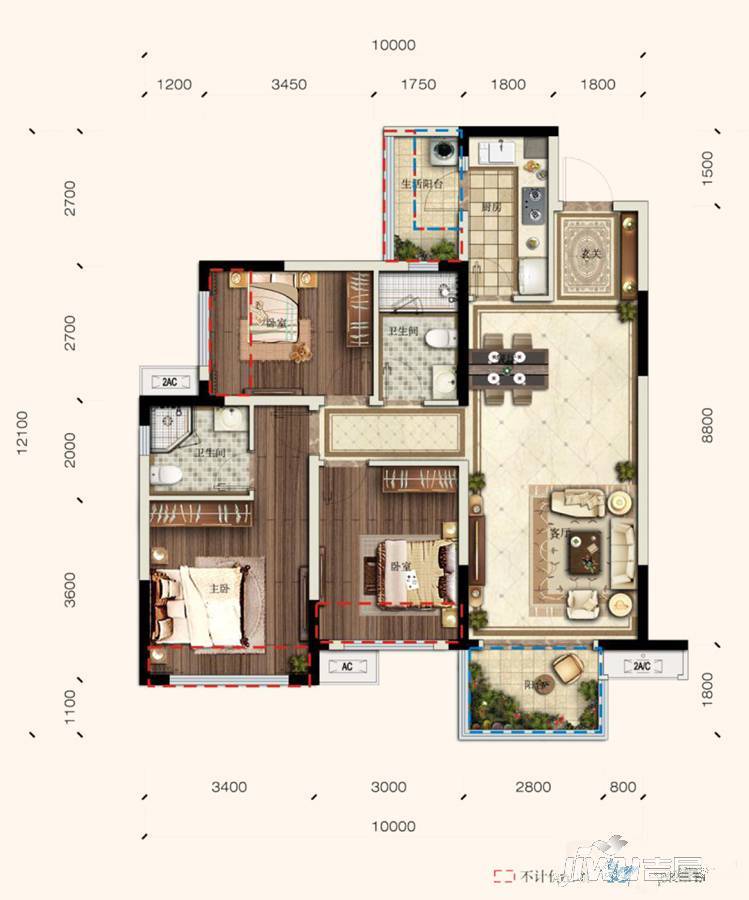 成都华润置地公园九里6栋a3户型户型图_首付金额_3室2厅2卫_94.