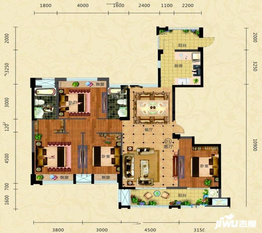 孝感中都巴黎城d1户型图_首付金额_4室2厅2卫_159.02