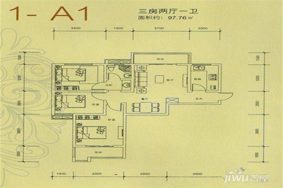 鄂州学府上城1-a1户型图_首付金额_3室2厅2卫_97.76平米 - 吉屋网