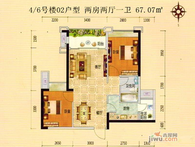 茂名恒福尚城4/6号楼02户型户型图_首付金额_2室2厅2卫_67.