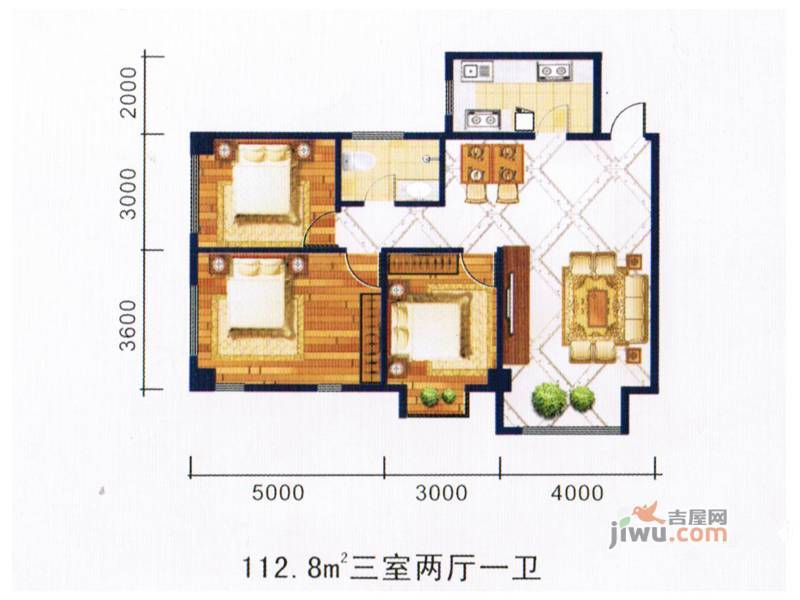 阿克苏金桥学府1号三室两厅一卫112.8㎡户型图_首付金额__0.