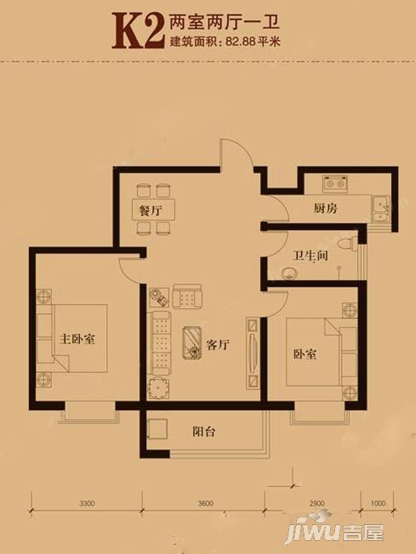 石家庄新大院1#4#5#标准层k2户型户型图_首付金额_2室