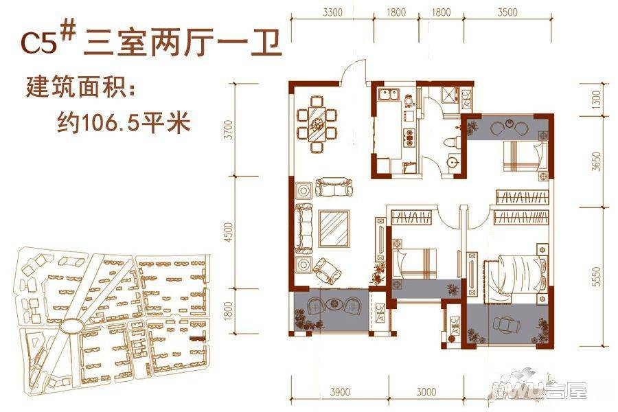 西安金辉世界城c5#户型106.5㎡户型图_首付金额_3室22