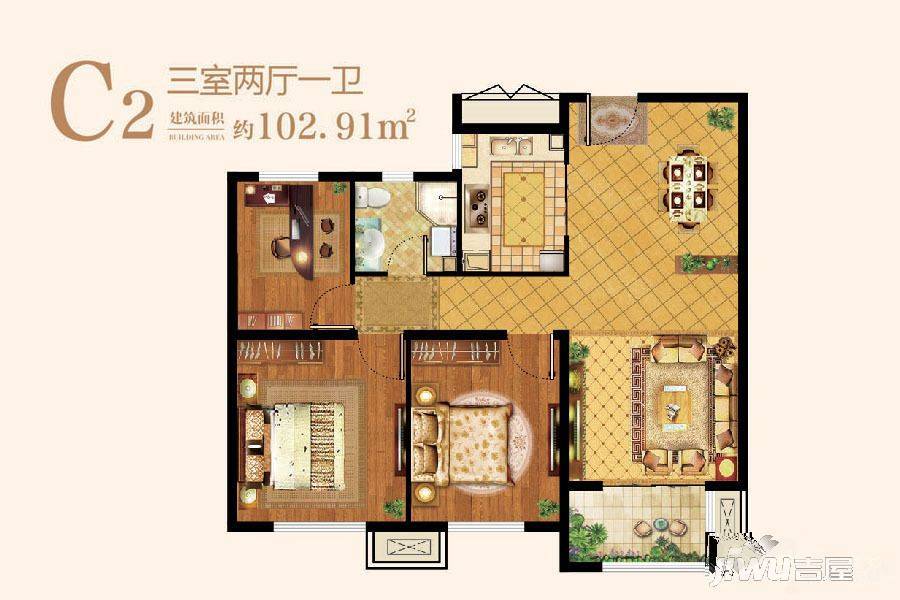 高碑店杉浩花溪墅c2户型图_首付金额_3室2厅2卫_102.