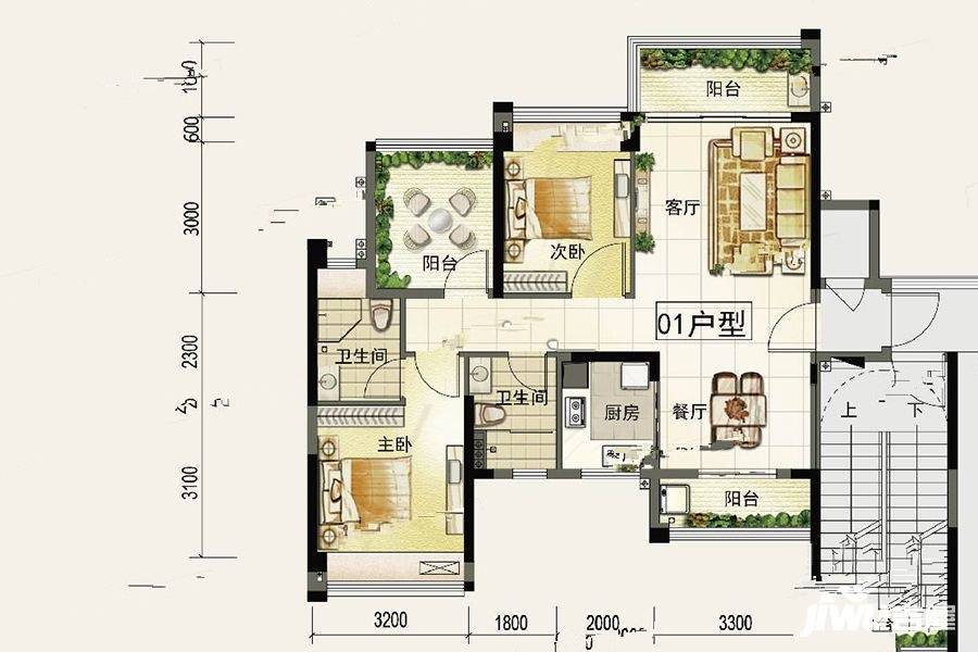 颐安灏景湾1/15座01单元约95㎡户型图|颐安灏景湾3房2厅2卫户型图