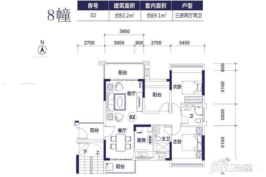 莱茵华庭8幢02单元户型图|莱茵华庭3房2厅2卫户型图_蓬江区莱茵华庭