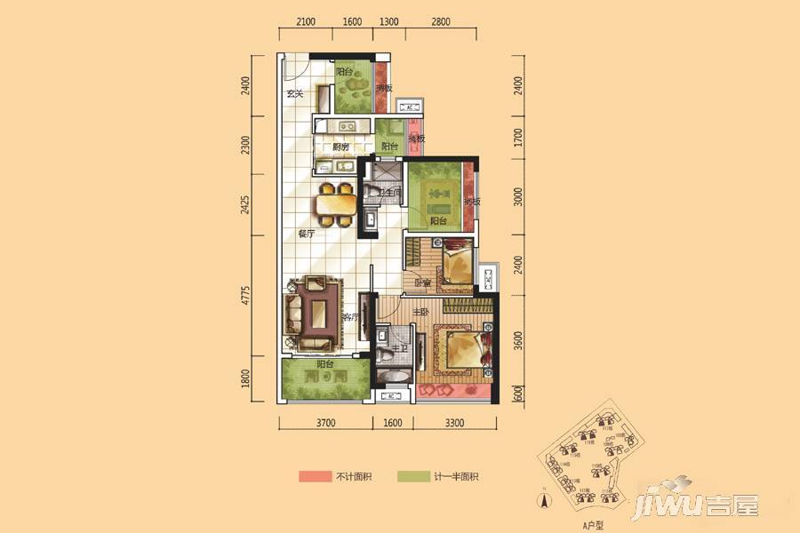 惠州龙光城北八区a户型户型图_首付金额_4室2厅2卫_99