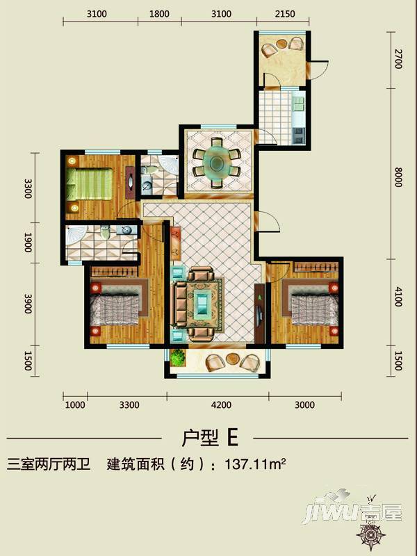 华阳凤凰城3室2厅2卫137.1㎡户型图