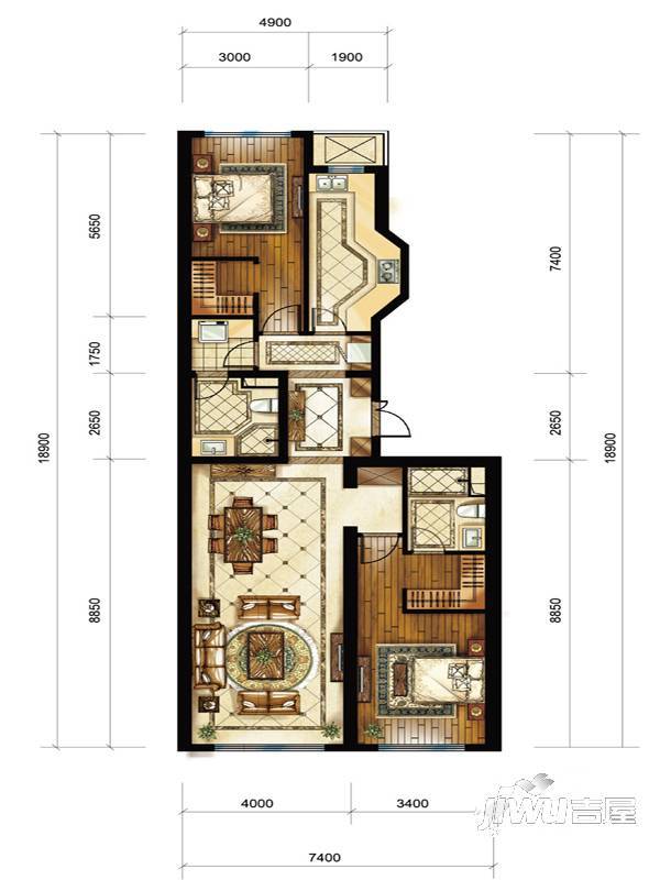 中海枫丹公馆2室2厅2卫137㎡户型图