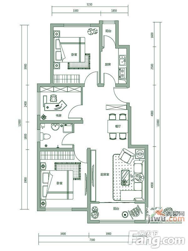 九里香堤3室2厅1卫95㎡户型图