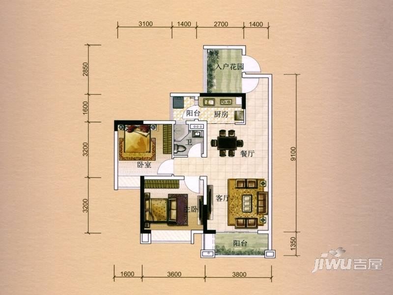 龙光君御华府2室2厅1卫80㎡户型图