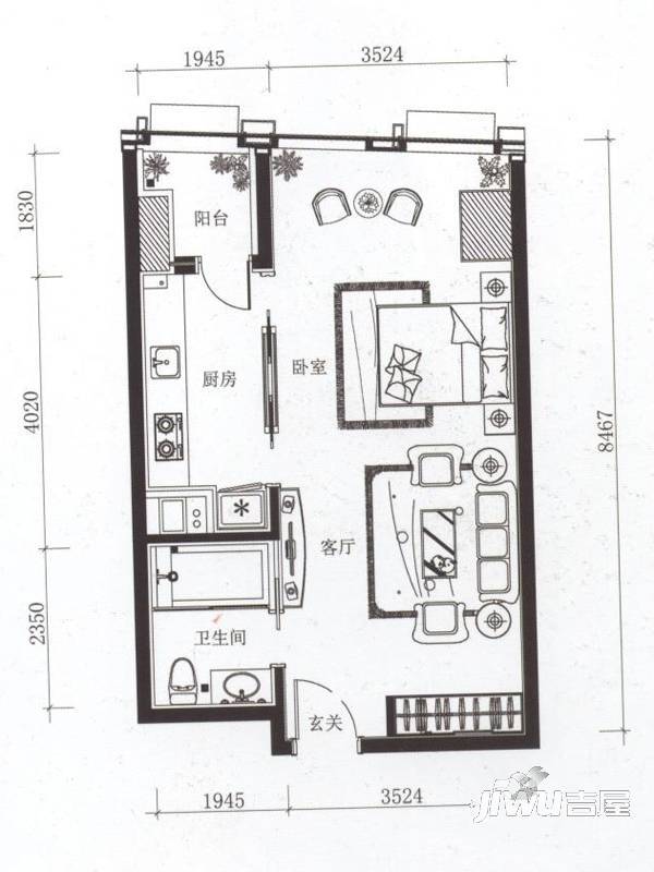 嘉宏公园1号1室1厅1卫75.4㎡户型图