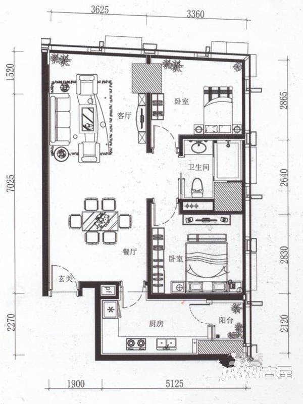 嘉宏公园1号2室2厅1卫115㎡户型图