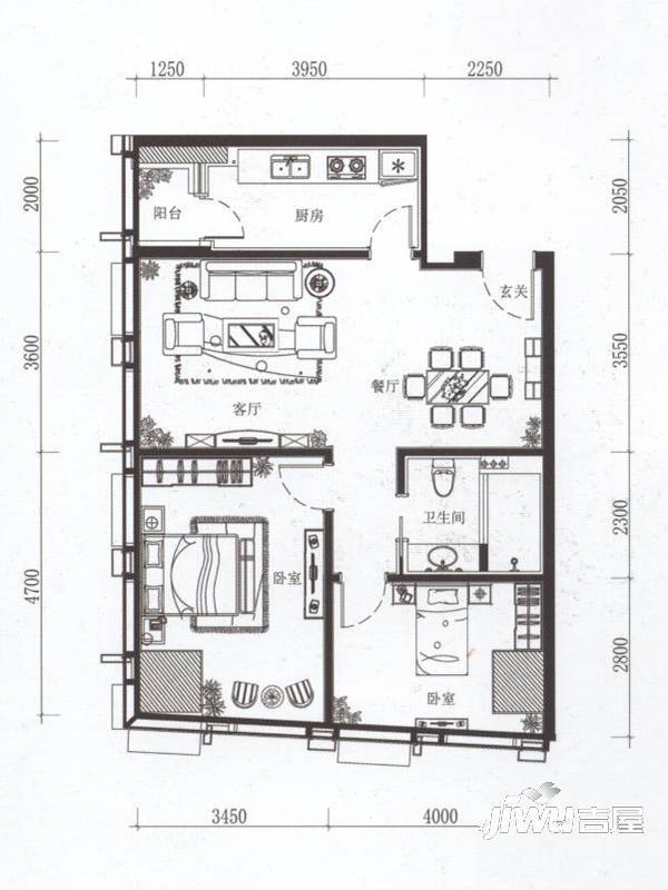 嘉宏公园1号2室2厅1卫120.3㎡户型图