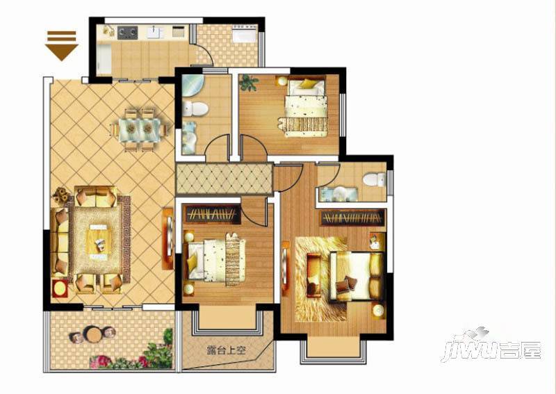 众盛四季花城3室2厅1卫84.8㎡户型图