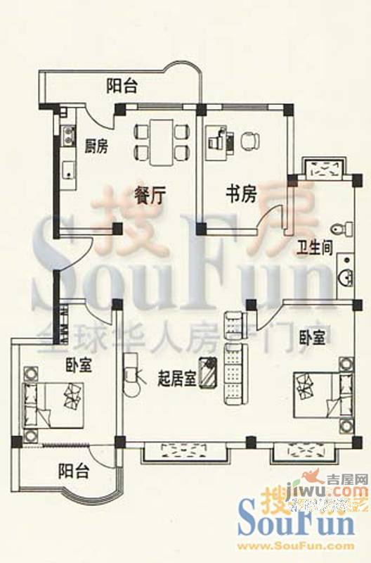 华实小区3室2厅1卫130㎡户型图