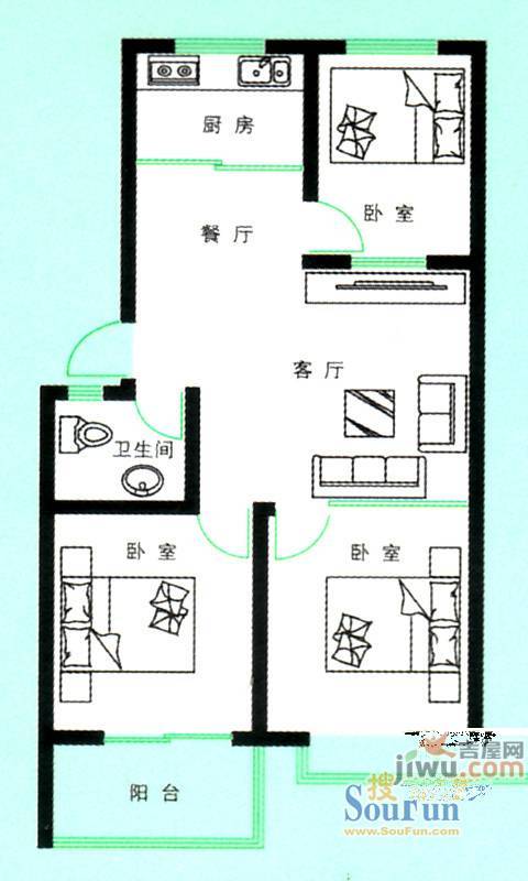 恒信御景峰3室1厅1卫93㎡户型图