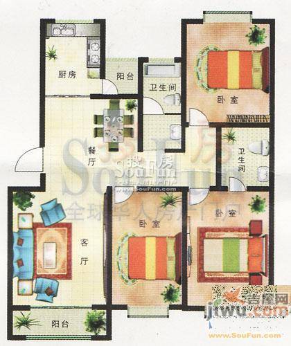 四方家和花园3室2厅2卫127.5㎡户型图