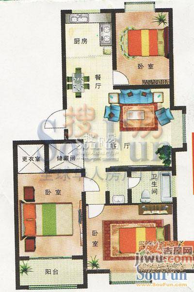 四方家和花园3室2厅1卫104.8㎡户型图