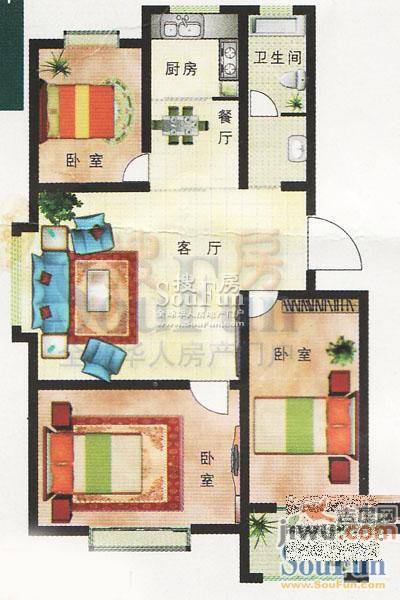 四方家和花园3室2厅1卫107.6㎡户型图