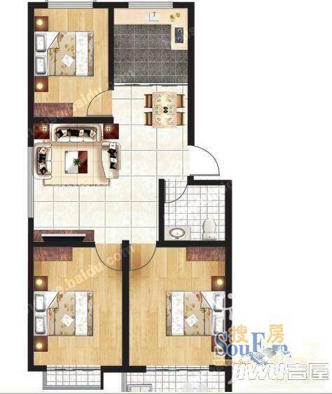 同心园3室2厅1卫90㎡户型图