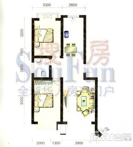 格调阳光2室1厅1卫91.8㎡户型图