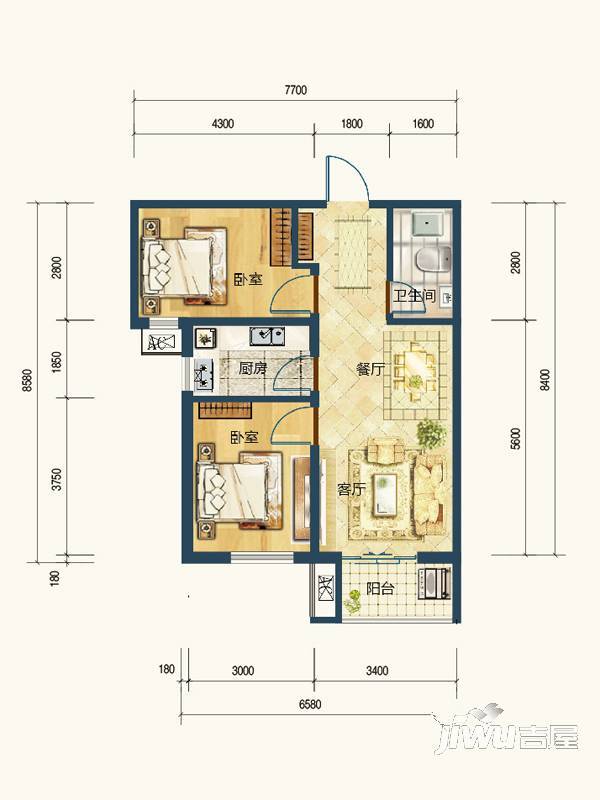 北斗星城东区·御府2室2厅1卫77.9㎡户型图