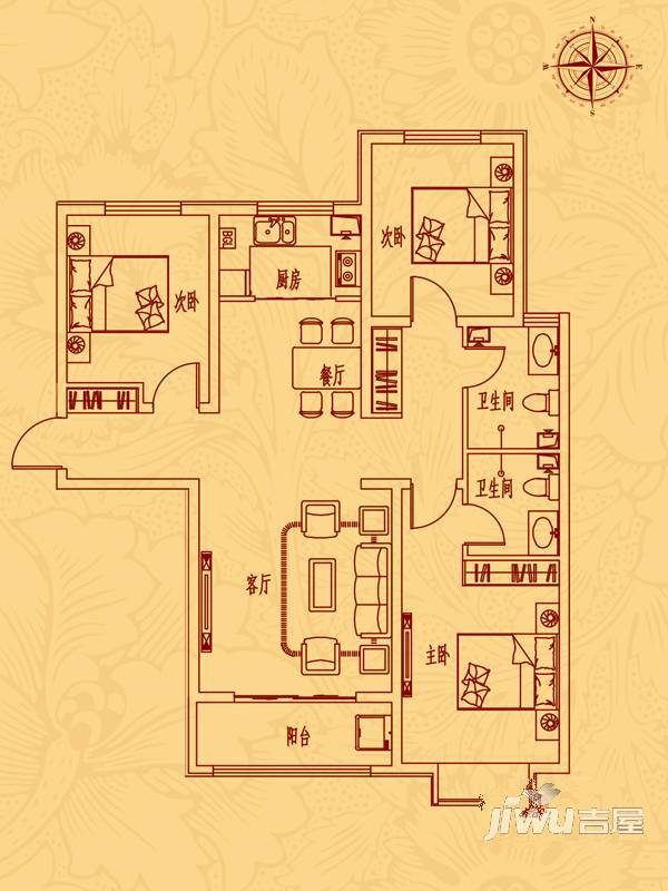 星河湾花园3室2厅2卫121.5㎡户型图