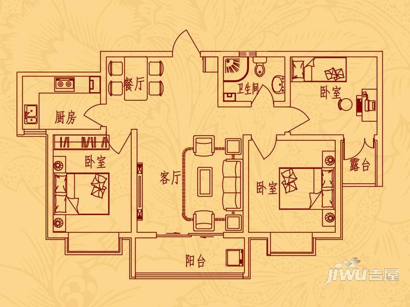 星河湾花园2室2厅1卫77.6㎡户型图