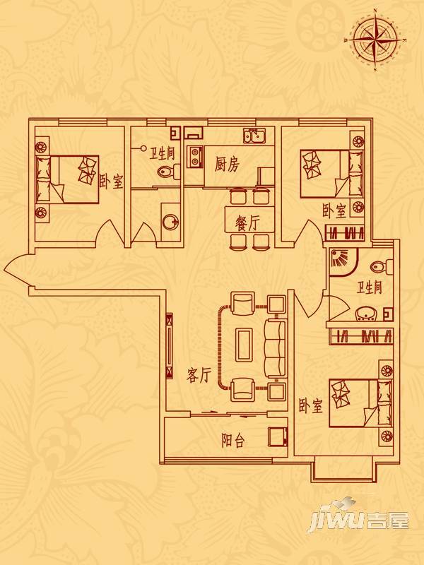 星河湾花园3室2厅2卫121.5㎡户型图