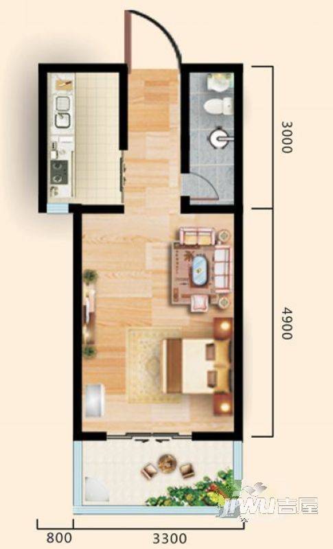 东泽园1室1厅1卫41.4㎡户型图