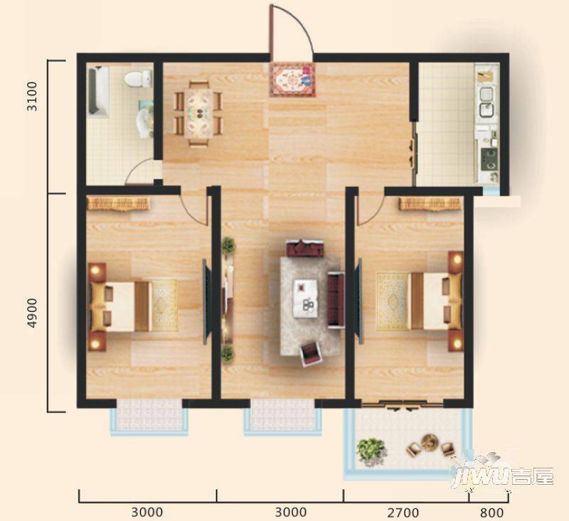 东泽园2室2厅1卫90.2㎡户型图