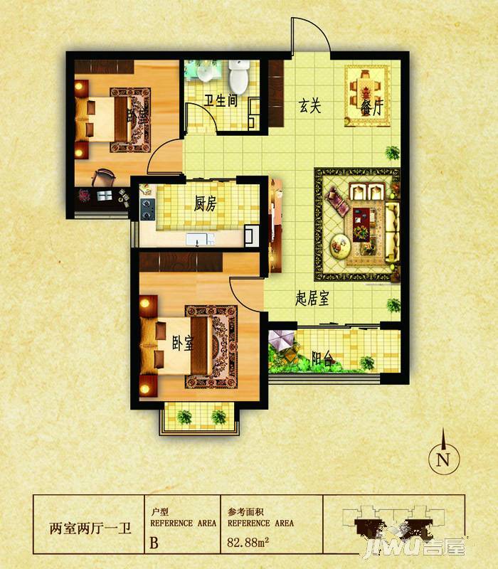 水榭花都2室2厅1卫83㎡户型图