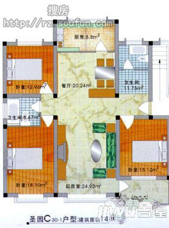 四季圣园2室1厅1卫96㎡户型图