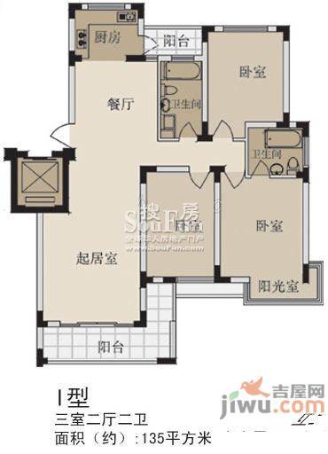 绿溪玫瑰园3室2厅2卫135㎡户型图