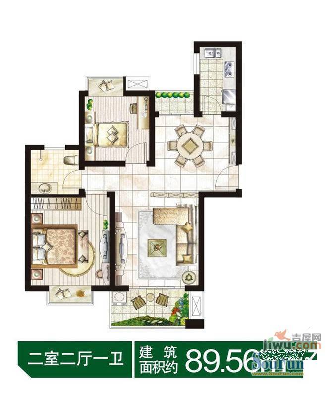 江南太阳城2室2厅1卫89.6㎡户型图