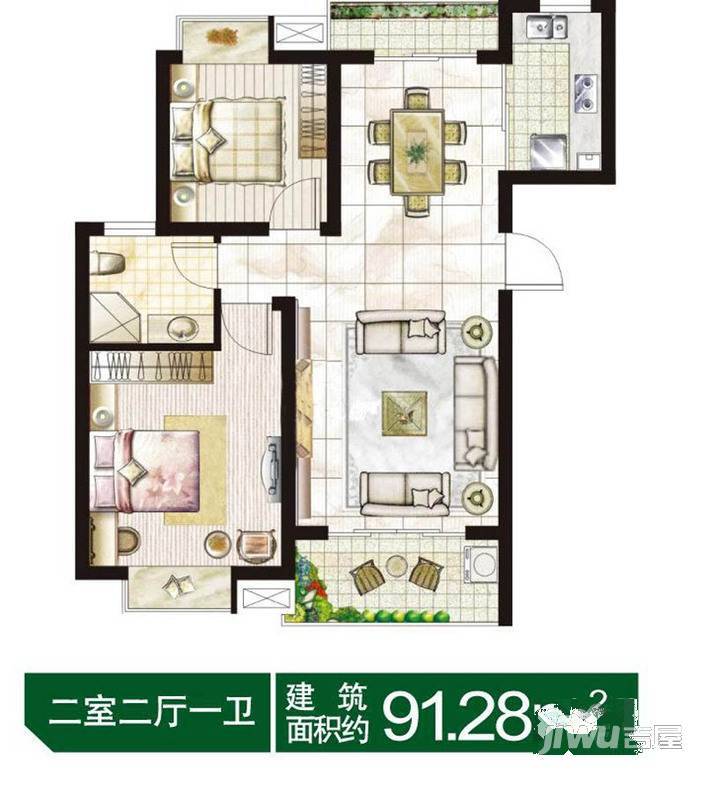 江南太阳城2室2厅1卫91.3㎡户型图