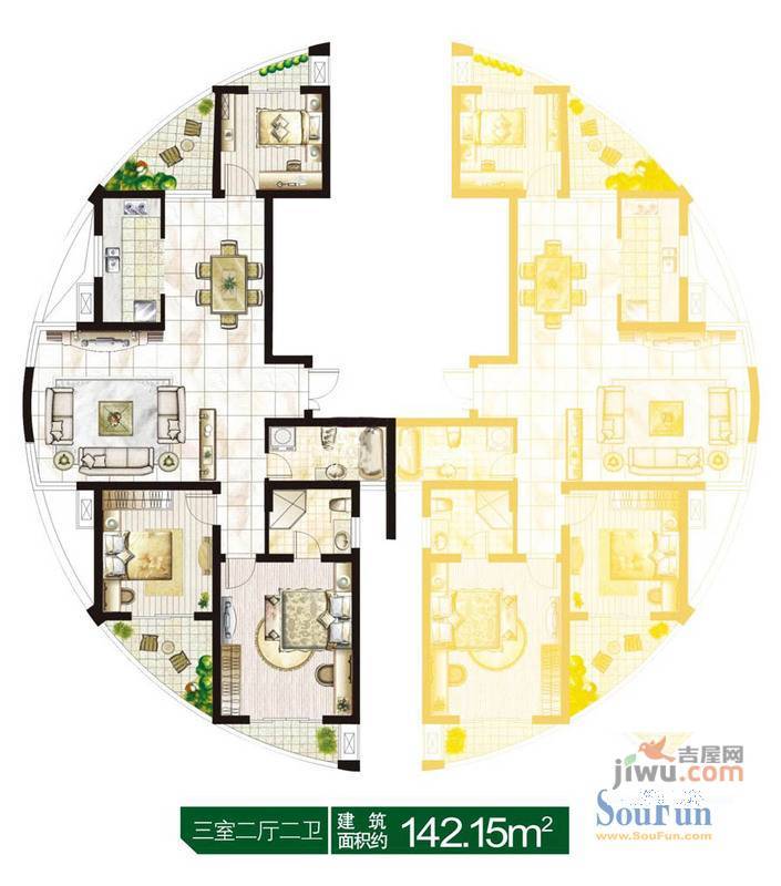 江南太阳城3室2厅2卫142.2㎡户型图