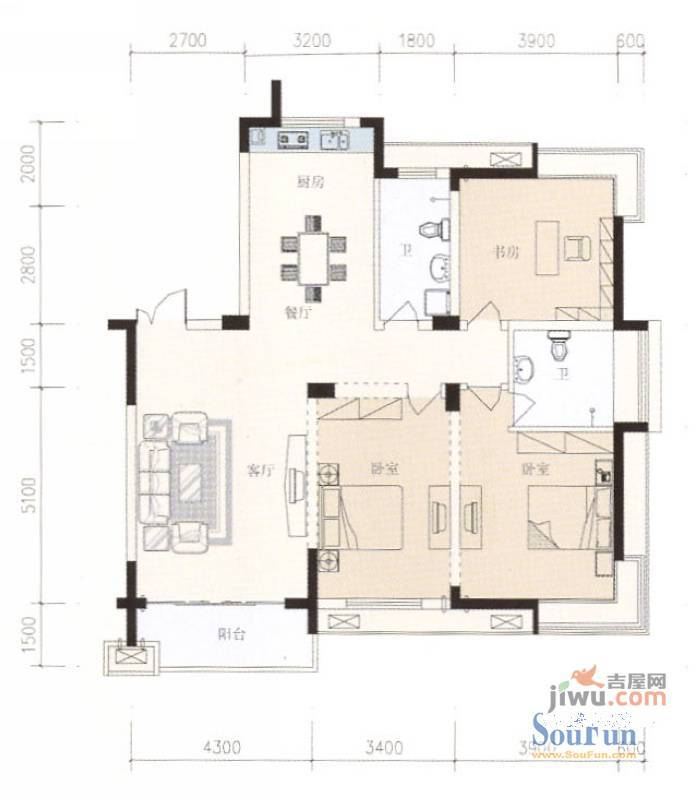 龙盛华城右岸1室2厅1卫66㎡户型图