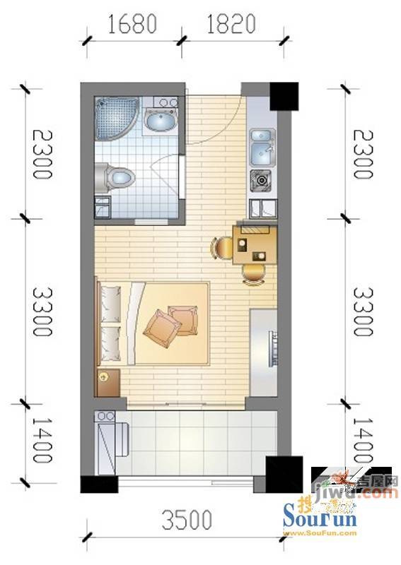 涌鑫公寓1室1厅1卫29.3㎡户型图