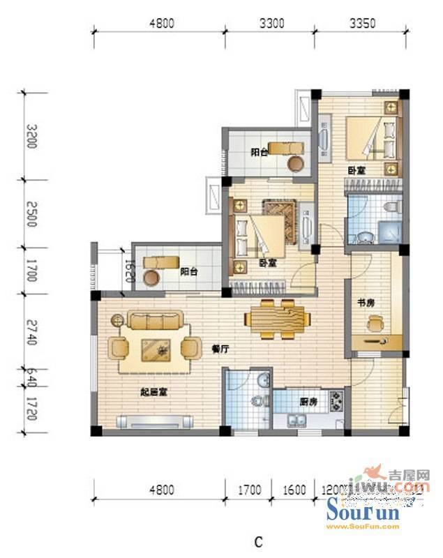 涌鑫公寓1室1厅1卫29.3㎡户型图