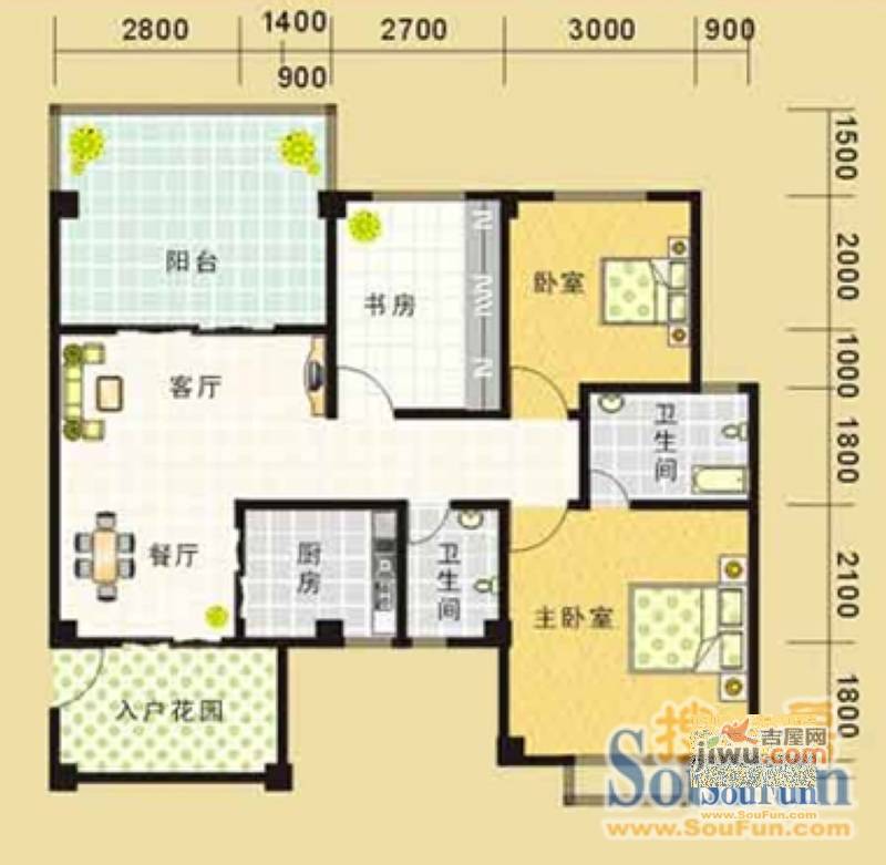 文星花园探花苑2室2厅2卫88㎡户型图