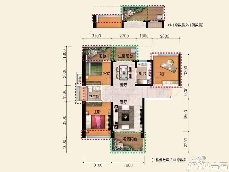 创城·宜城风景3室2厅1卫89㎡户型图