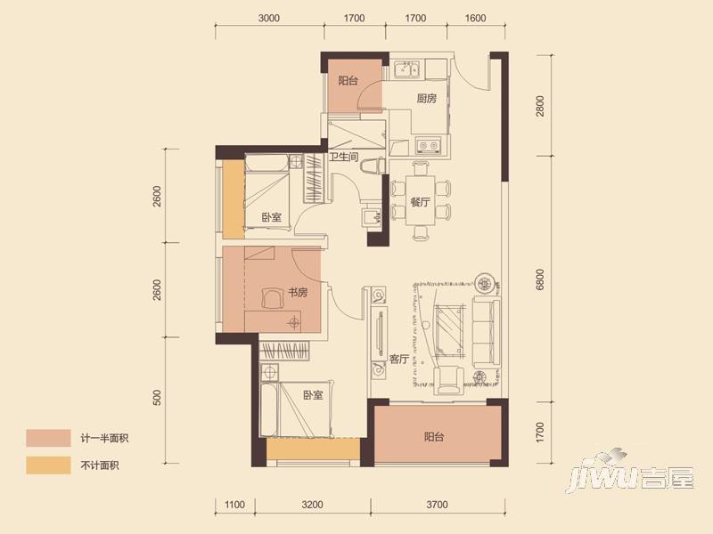 福盈·中央山3室2厅1卫86㎡户型图